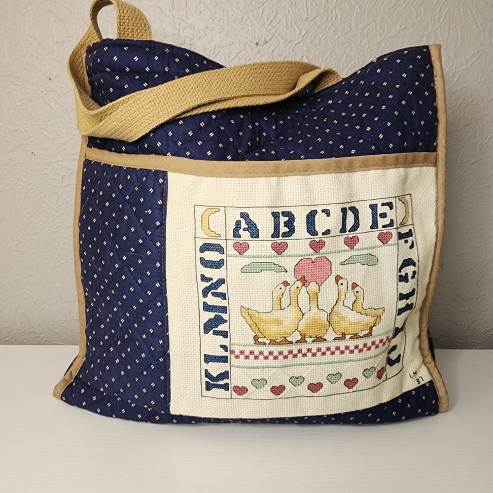 Navy and Tan Quilted Vintage  Tote Bag‎ Made In The USA